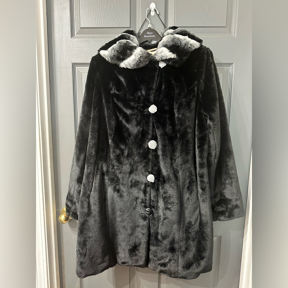 Dennis Basso Black Faux Fur Coat with removable hood and striped collar